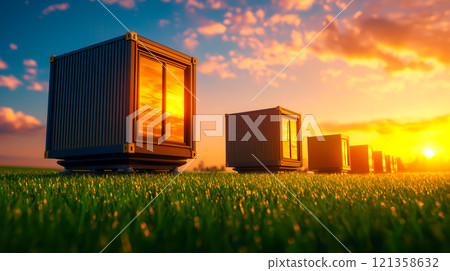 Modern Shipping Containers at Sunset on Lush Green Field Modern Shipping Containers at Sunset on Lush Green Field 121358632