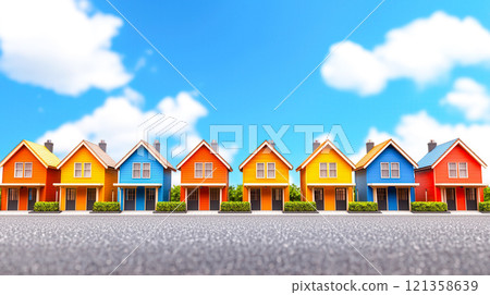 Colorful Row of Houses Under Blue Sky with Fluffy Clouds 121358639