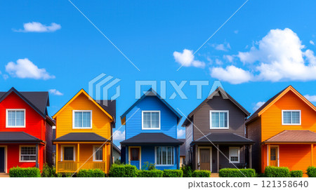Vibrant Row of Colorful Houses under Clear Blue Sky 121358640