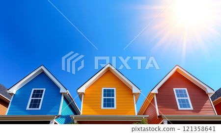 Colorful Houses Under Bright Blue Sky with Sunlight Reflection 121358641