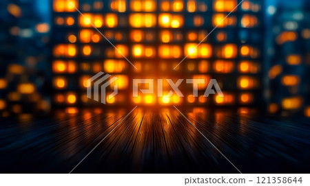 Blurry City Lights at Night with a Wooden Floor Perspective View 121358644