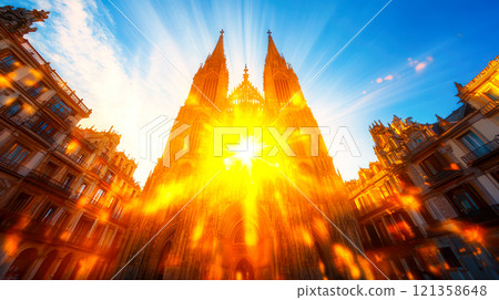Majestic Cathedral at Sunset With Stunning Golden Light Effects 121358648