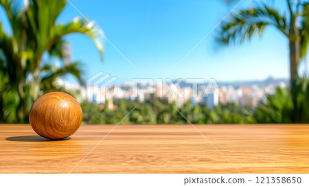 Wooden Sphere on Table with Blurred Tropical Background View Wooden Sphere on Table with Blurred Tropical Background View 121358650