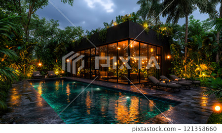 Serene Modern Villa with Pool Under a Dramatic Evening Sky Serene Modern Villa with Pool Under a Dramatic Evening Sky 121358660