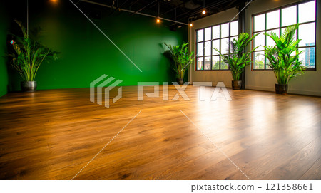 Spacious studio interior with green wall and wooden floor design Spacious studio interior with green wall and wooden floor design 121358661