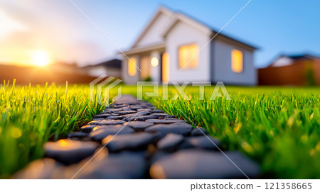 Beautiful Suburban Home at Sunset with Pathway on Green Lawn 121358665