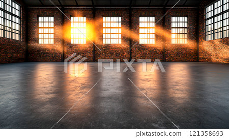 Sunlit Empty Warehouse with Dust Particles and Exposed Brick Walls Sunlit Empty Warehouse with Dust Particles and Exposed Brick Walls 121358693