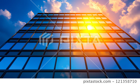 Modern Glass Building Against Bright Sky with Sunset Reflection 121358710