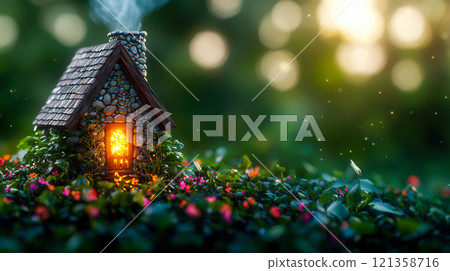 Cozy Stone Cottage Surrounded by Lush Greenery and Soft Light 121358716