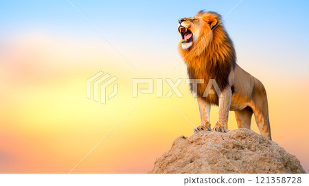 Majestic Lion Roaring on Rock Against Vibrant Sunset Sky 121358728