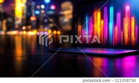 Colorful Audio Visualization on Laptop Against City Nightscape Colorful Audio Visualization on Laptop Against City Nightscape 121358730