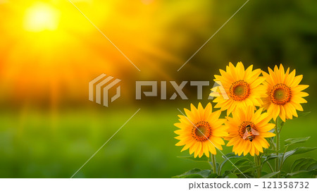 Bright Sunflowers in the Sunlight with Gentle Blurred Background 121358732