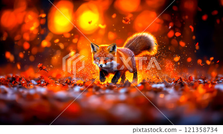 Charming Red Fox Walking Through Autumn Leaves in Forest Glow 121358734