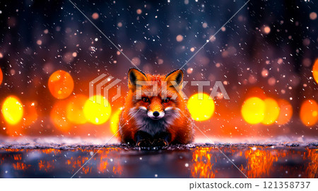 Red Fox Surrounded by Snowfall Amidst Glowing Bokeh Lights 121358737