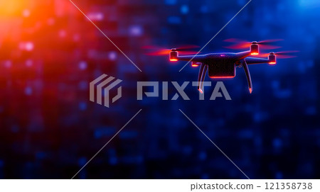 Drone Flying in Futuristic Tech Background with Blue and Orange Lights 121358738