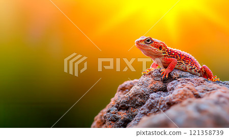 Vibrant Lizard on Rock Against Golden Sunset Background 121358739