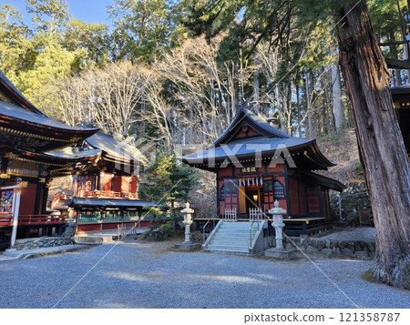Mitsumine Shrine in the early morning: Ancestral shrine and main hall Mitsumine Shrine in the early morning: Ancestral shrine and main hall 121358787