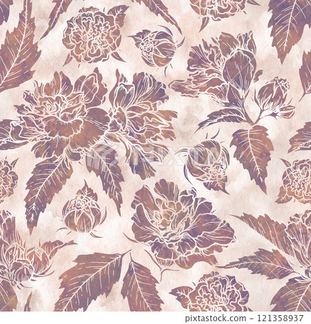 Watercolor texture floral seamless pattern with line art and silhouette flowers. Hand drawn background with beige and lilac shades. Perfect for creating trendy graphic resource and designs. Watercolor texture floral seamless pattern with line art and silhouette flowers. Hand drawn background with beige and lilac shades. Perfect for creating trendy graphic resource and designs. 121358937