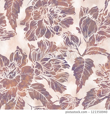 Watercolor texture floral seamless pattern with line art and silhouette flowers. Hand drawn background with beige and lilac shades. Perfect for creating trendy graphic resource and designs. 121358940