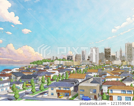 House, residential, town, city, sea, hand-drawn style, BG, watercolor style, morning and evening 121359048