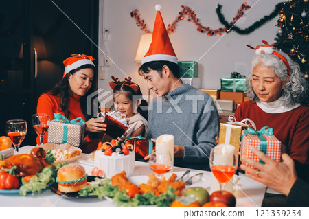 Christmas family portrait - Happy family together in Christmas Christmas family portrait - Happy family together in Christmas 121359254