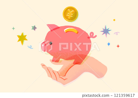 Illustration of a hand holding a piggy bank, saving, investing, side jobs, etc. Illustration of a hand holding a piggy bank, saving, investing, side jobs, etc. 121359617