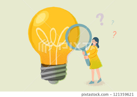 Woman searching for a solution, illustration of doubt and solution 121359621