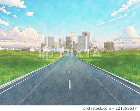 Road Hand-drawn style Watercolor style Road Grassland Single road 121359637