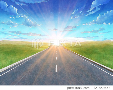 道路，手繪風格，水彩風格，道路，草原，筆直的道路，日出，太陽 121359638
