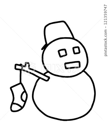 A simple line drawing of a snowman hanging socks 121359747