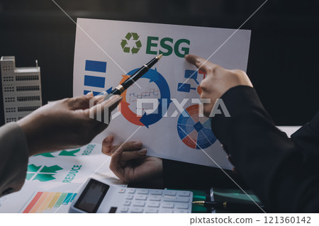 Carbon offset price report CO2 emission. Future growth Net zero waste in ESG ethical SME office protect climate change global warming social issues project. Group of asia people Eco friendly SDGs plan 121360142