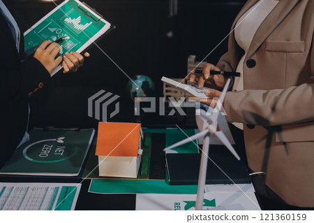 Carbon offset price report CO2 emission. Future growth Net zero waste in ESG ethical SME office protect climate change global warming social issues project. Group of asia people Eco friendly SDGs plan 121360159