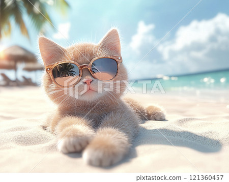 Background of a cat wearing sunglasses relaxing on the beach AI image Background of a cat wearing sunglasses relaxing on the beach AI image 121360457