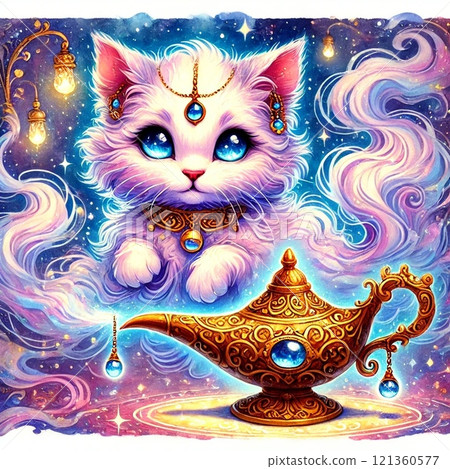 Cat genie coming out of magic lamp 121360577