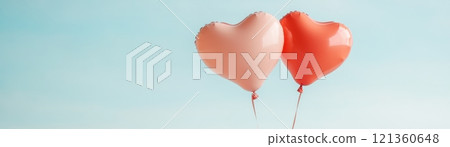 Intertwined Heart Shaped Balloons in Bold Red and Pink Floating in the Sky 121360648