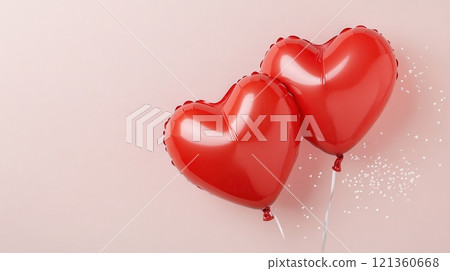 Pair of Intertwined Heart Shaped Vibrant Red Balloons Floating in 121360668