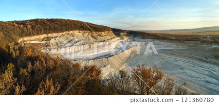 Aerial view of open pit mine of sandstone materials for construction industry with excavators and dump trucks. Heavy equipment in mining and production of useful minerals concept 121360780