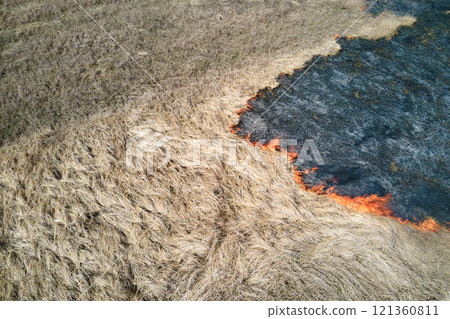 Aerial view of grassland field burning with red fire during dry season. Natural disaster and climate change concept 121360811