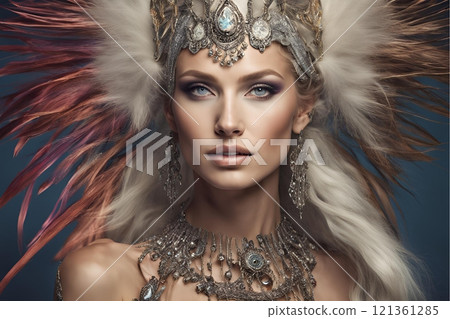 Future Trends: AI creates images of beautiful women with Western hair and makeup styles (horizontal photo) 121361285
