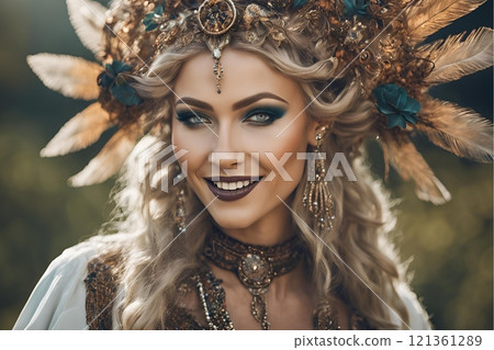 Future Trends: AI creates images of beautiful women with Western hair and makeup styles (horizontal photo) 121361289