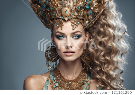 Future Trends: AI creates images of beautiful women with Western hair and makeup styles (horizontal photo) 121361290
