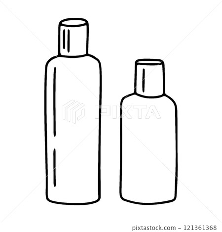洗髮精、護髮素和化妝品瓶的簡單手繪線條圖，透明背景上的切口 121361368
