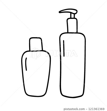 Simple hand-drawn line drawing illustration of shampoo, conditioner and cosmetic bottles, cut out on transparent background Simple hand-drawn line drawing illustration of shampoo, conditioner and cosmetic bottles, cut out on transparent background 121361369