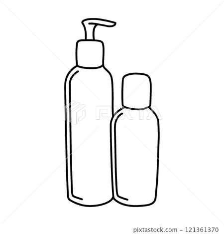 Simple hand-drawn line drawing illustration of shampoo, conditioner and cosmetic bottles, cut out on transparent background Simple hand-drawn line drawing illustration of shampoo, conditioner and cosmetic bottles, cut out on transparent background 121361370