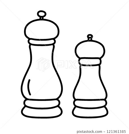 Simple hand-drawn line drawing illustration of pepper mill and salt mill, cut out on transparent background 121361385