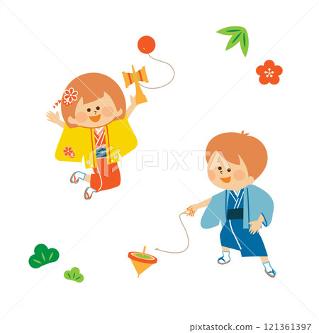 New Year's illustration of children playing in Japanese kimonos 121361397