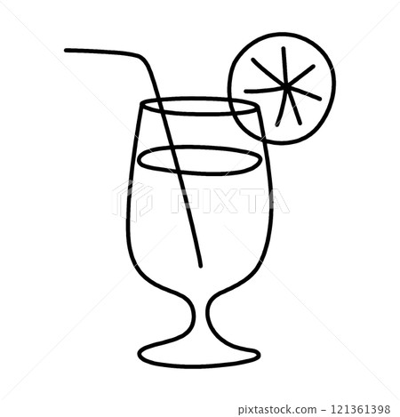 Simple hand-drawn line drawing illustration of a cocktail drink glass decorated with cut oranges, cut out on transparent background 121361398