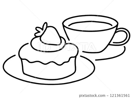 A simple hand-drawn line drawing illustration of a set of strawberry cake and tea, cut out on a transparent background 121361561