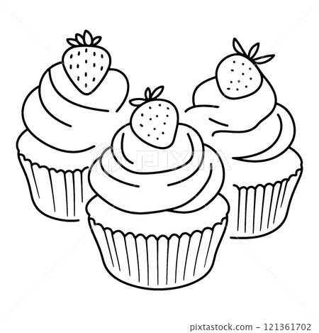 一個簡單的手繪線條畫插圖，在透明背景上裝飾著草莓和生奶油的紙杯蛋糕。 121361702