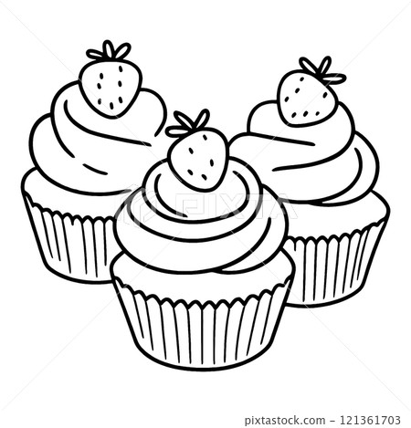 A simple hand-drawn line drawing of a cupcake decorated with strawberries and whipped cream, cut out on a transparent background 121361703